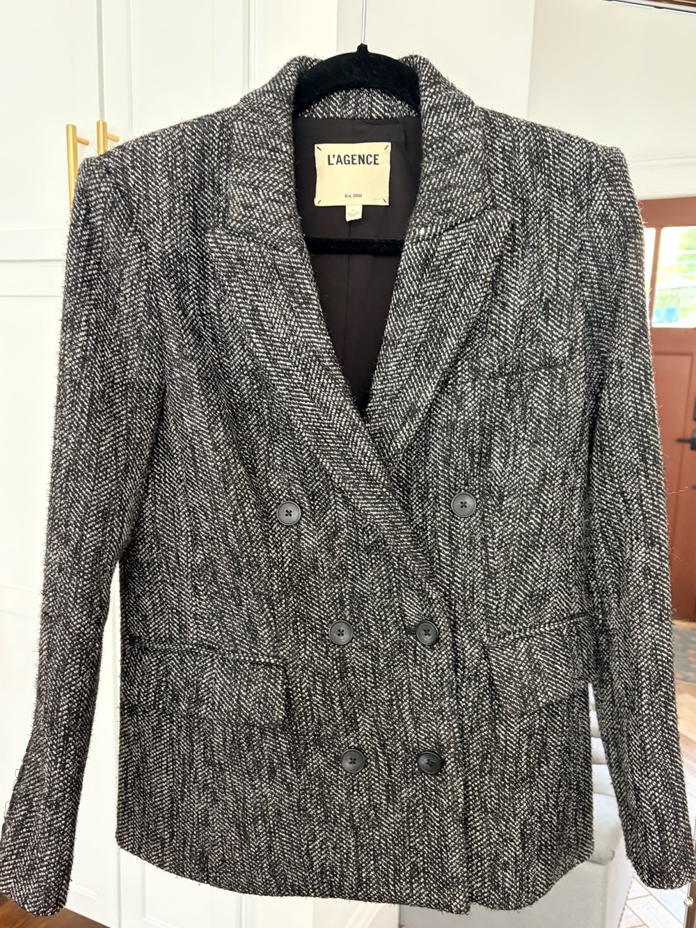 L'AGENCE Ashlyn Textured Herringbone Shimmer Double-Breasted Blazer (Orig. $625)